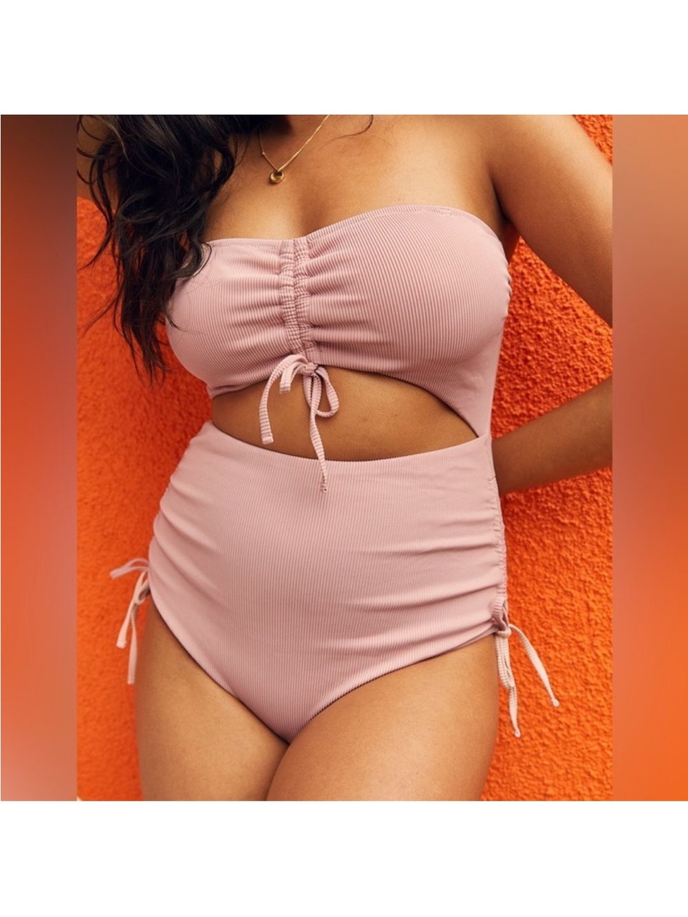 🪴 aerie Pale Pink Ribbed Cutout Bandeau Swimsuit